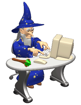 A gif of a wizard slowly typing on a desktop computer. Links to the About page.